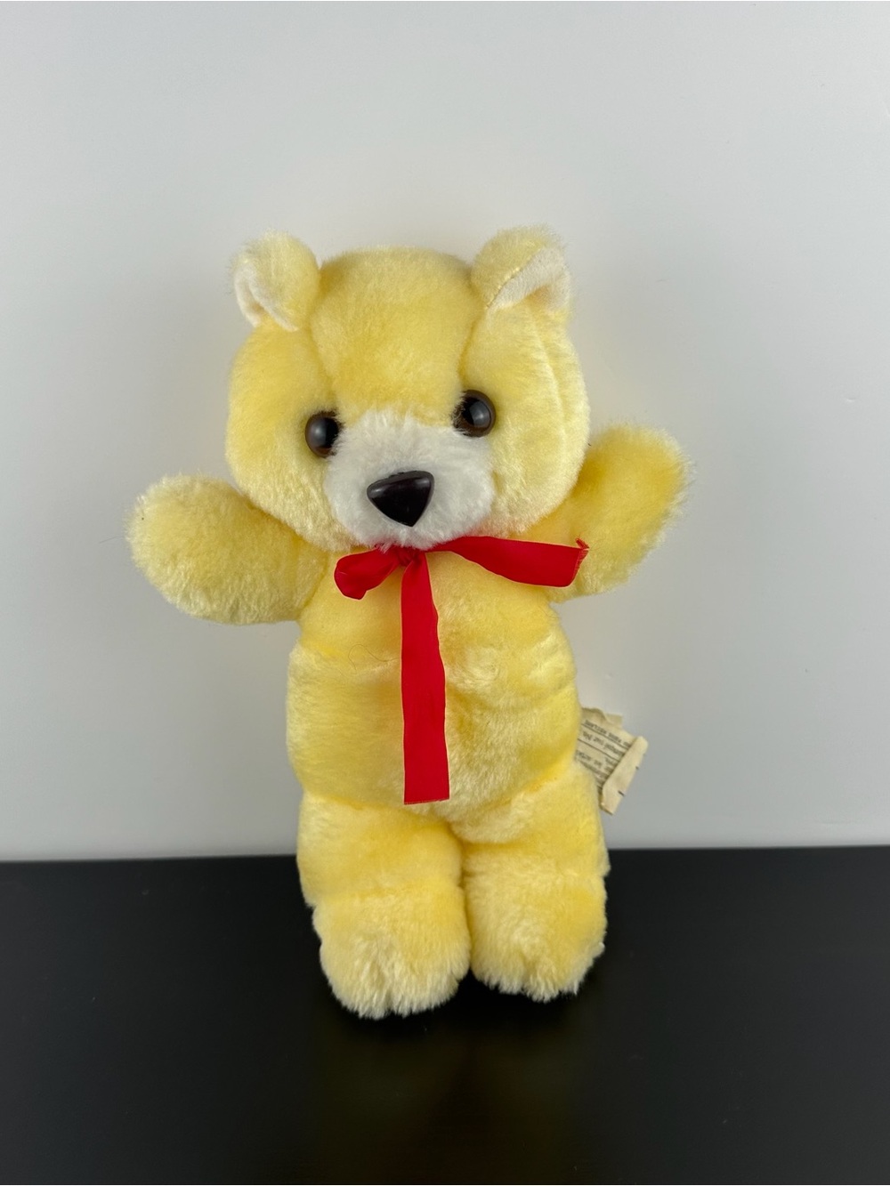 Ganz Bros RARE Yellow Teddy Bear 9” Red Ribbon Bow Vintage Plush Stuffed Animal